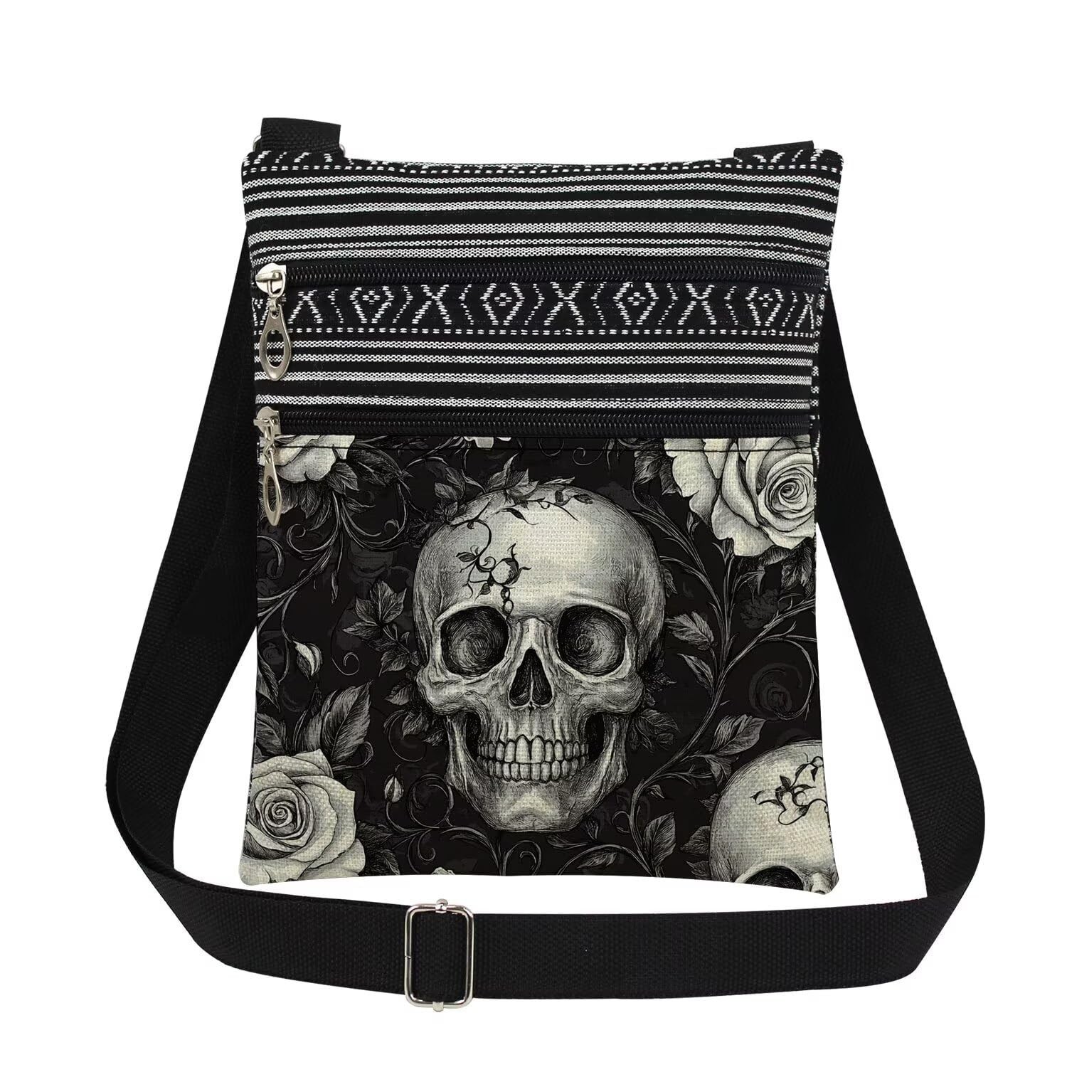 XiaoGalaee Gothic Skull & Rose Crossbody Bag Adjustable Strap Unisex 19