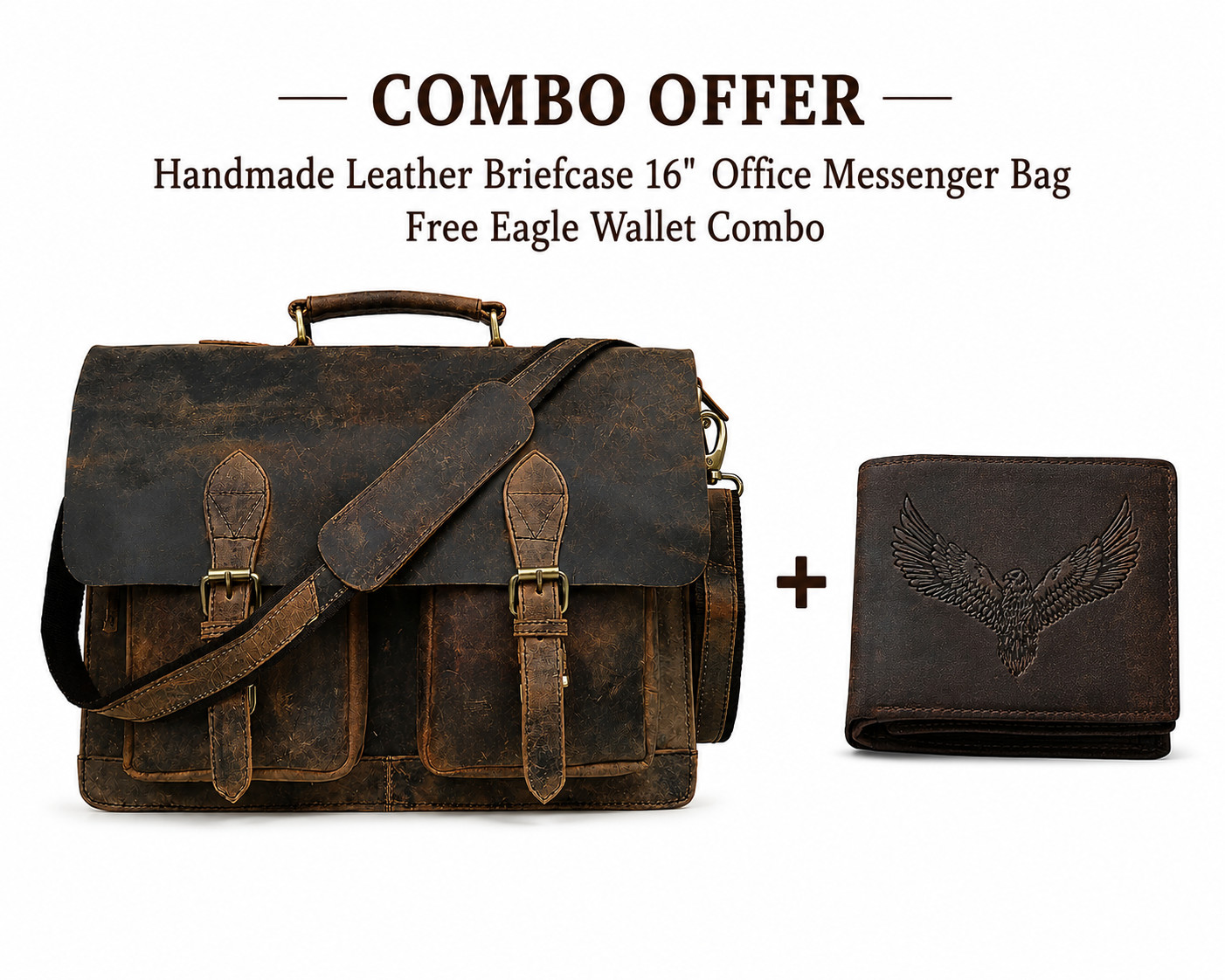 Handmade Full Grain Leather Office Briefcase 16” Laptop Bag + Free Eagle Wallet