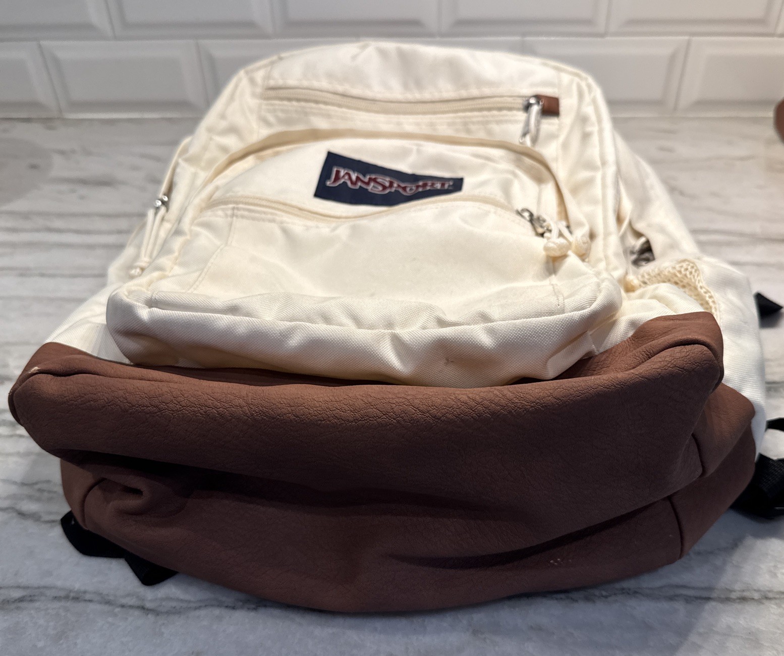Jansport USA School Backpack Book Bag Brown Leather Bottom Ivory Back To School