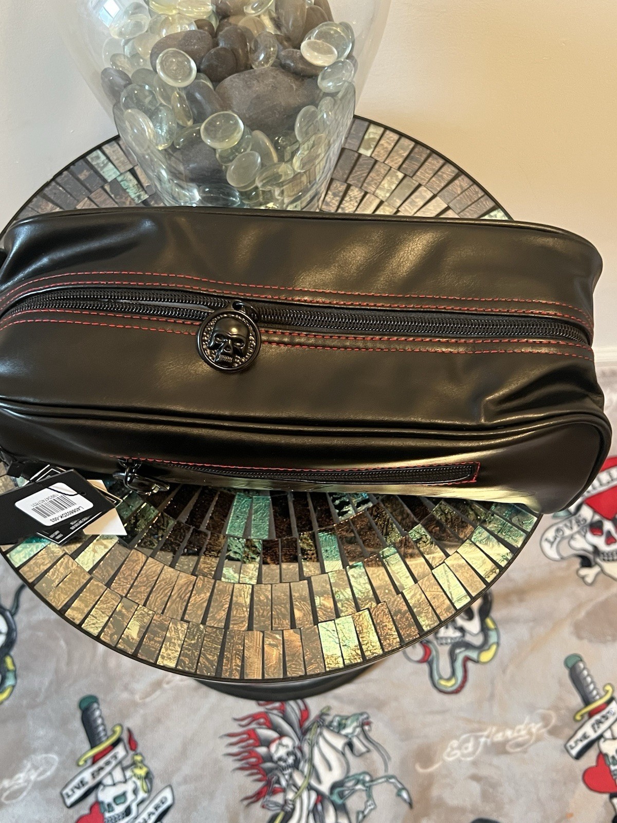 Ed Hardy Black Tiger Print Men DOPP Kit Bag Leather NWT