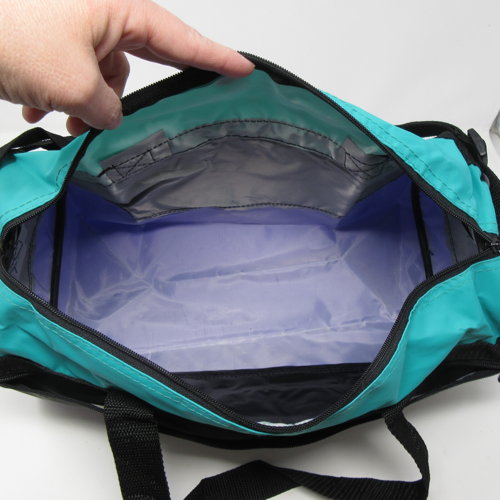 Black Teal Purple Duffle Bag Small w/ Shoulder Strap Handles Nylon Vtg 1980s