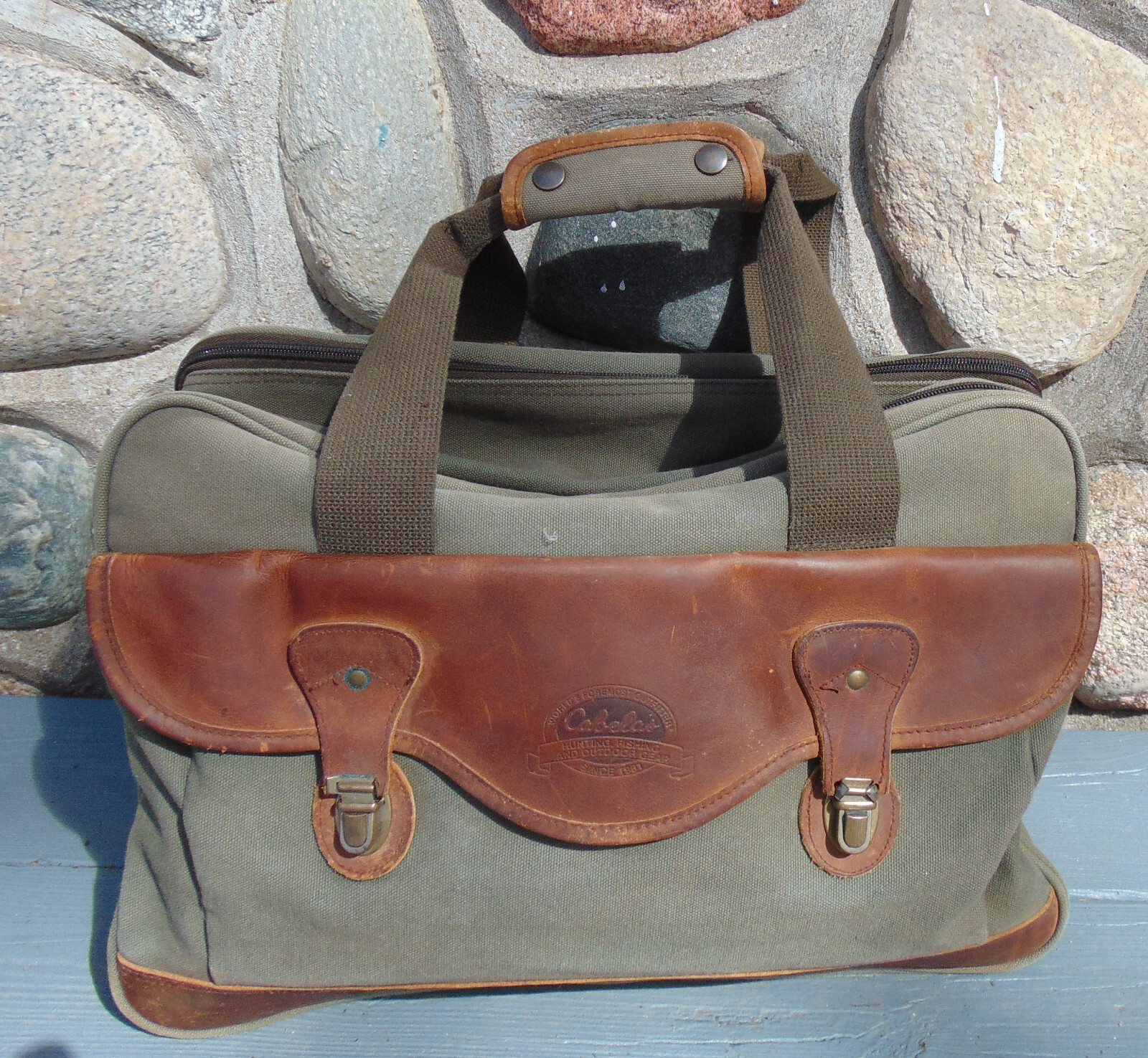 Vintage CABELA’S Olive Green Canvas & Leather Satchel Travel Bag Carry-on Pack