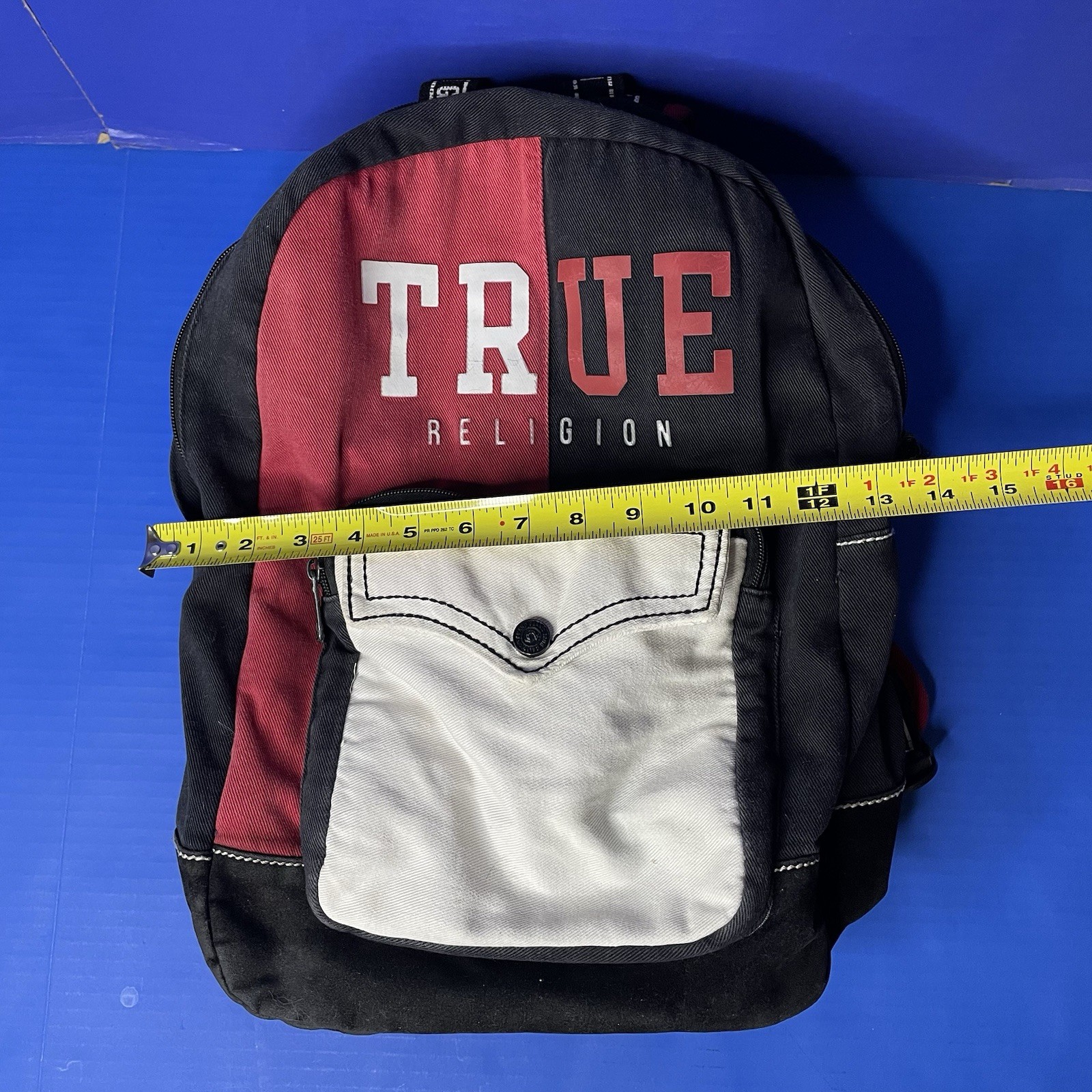 True Religion Black Red White Logo Backpack Book Bag Color Block