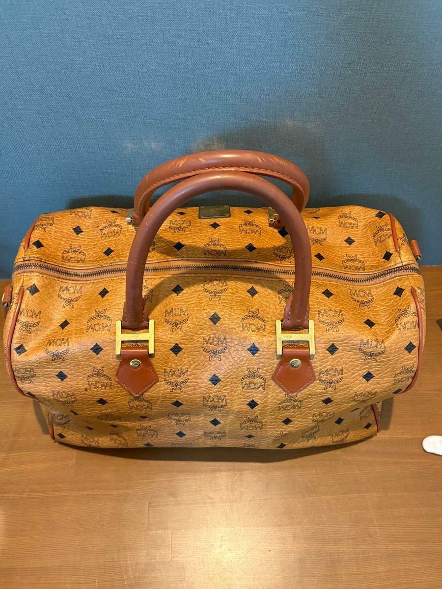 MCM Authentic Visetos Leather Handbag Brown Boston Bag Gold Logo Double Handle