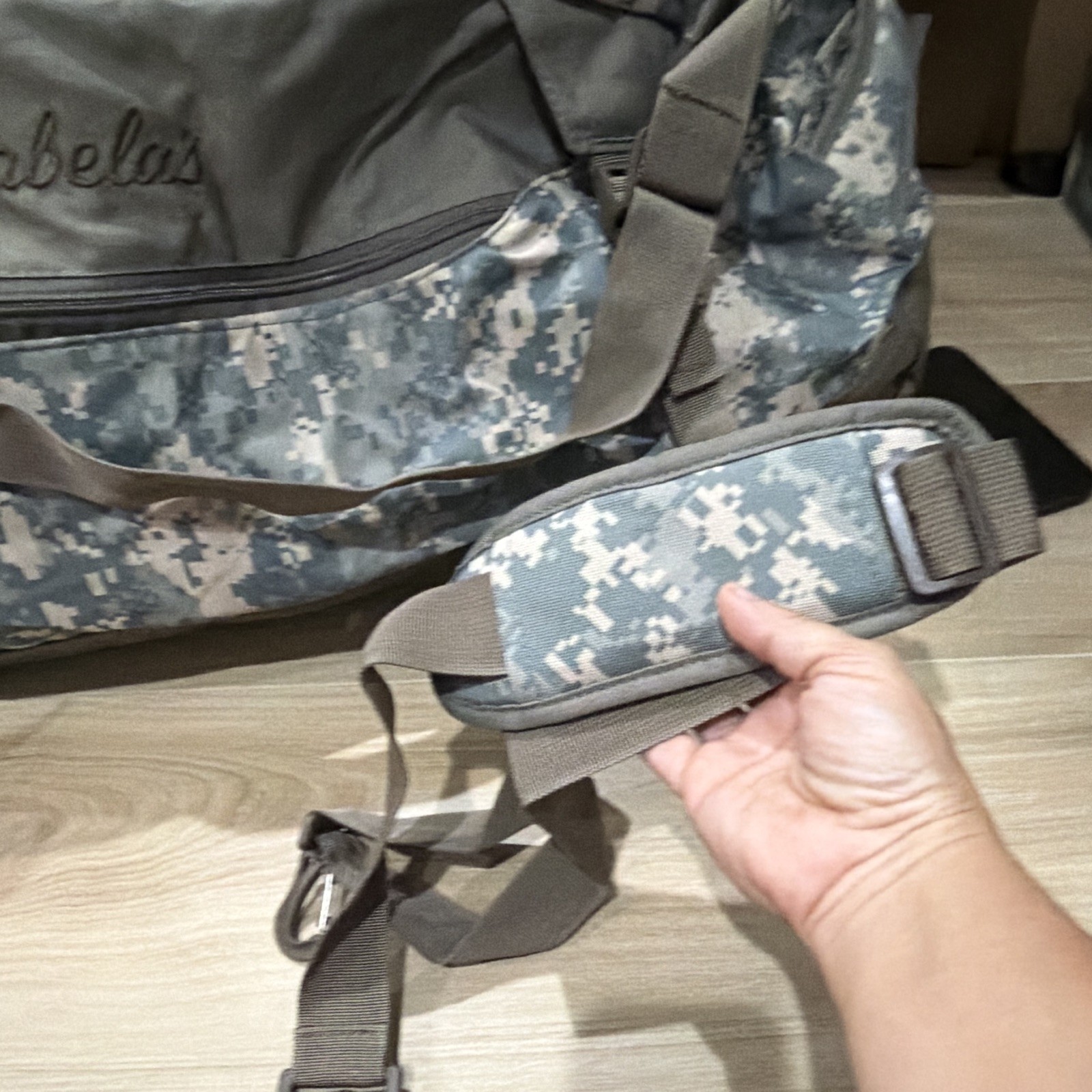 Cabela’s Camouflage Duffle Bag Gray Blue Zip Buckle Shoulder Strap Pockets