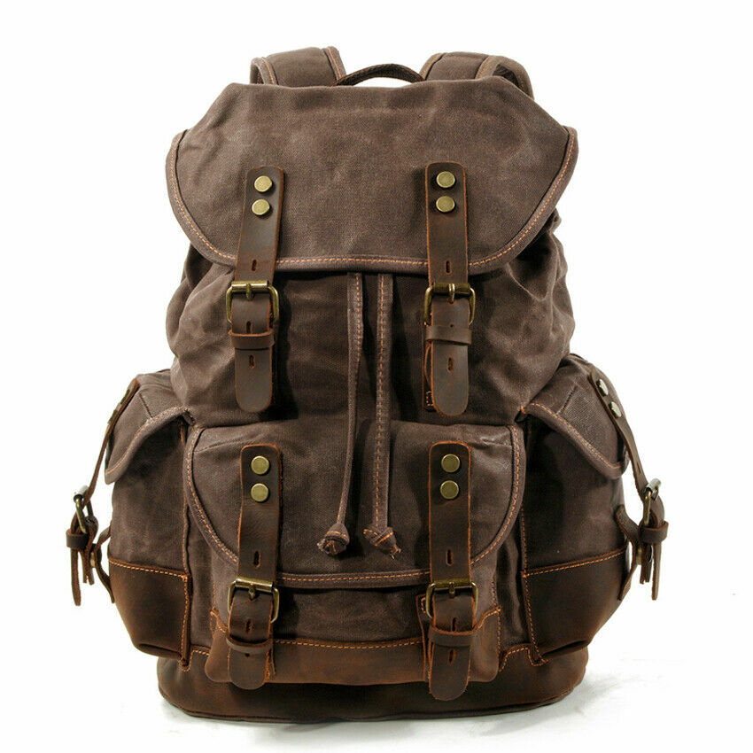 Casual Vintage Canvas Backpack Leather Bags Outdoor Shoulder Rucksack Daypack