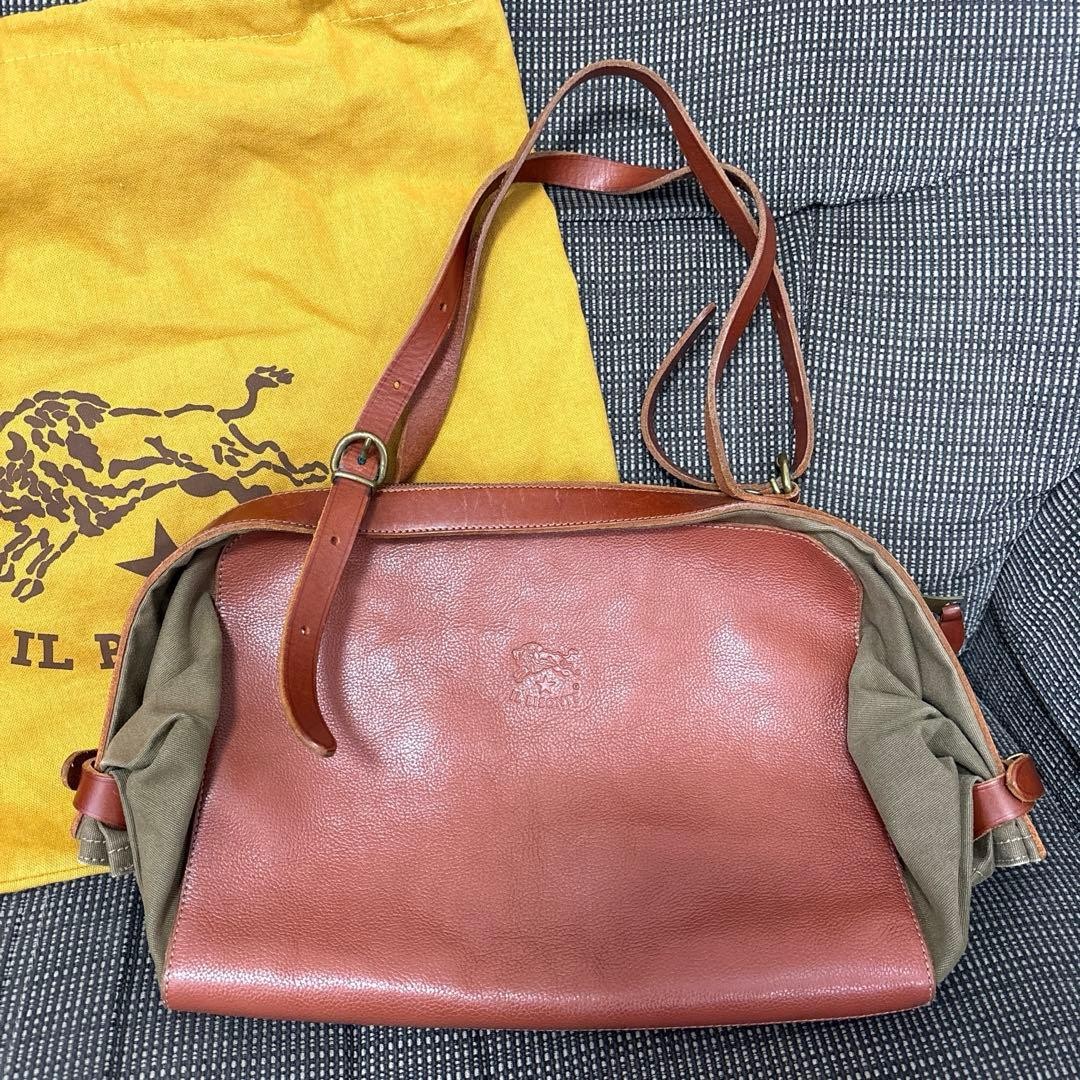 IL BISONTE Leather Canvas Candy Bag Brown Khaki 17cm Depth