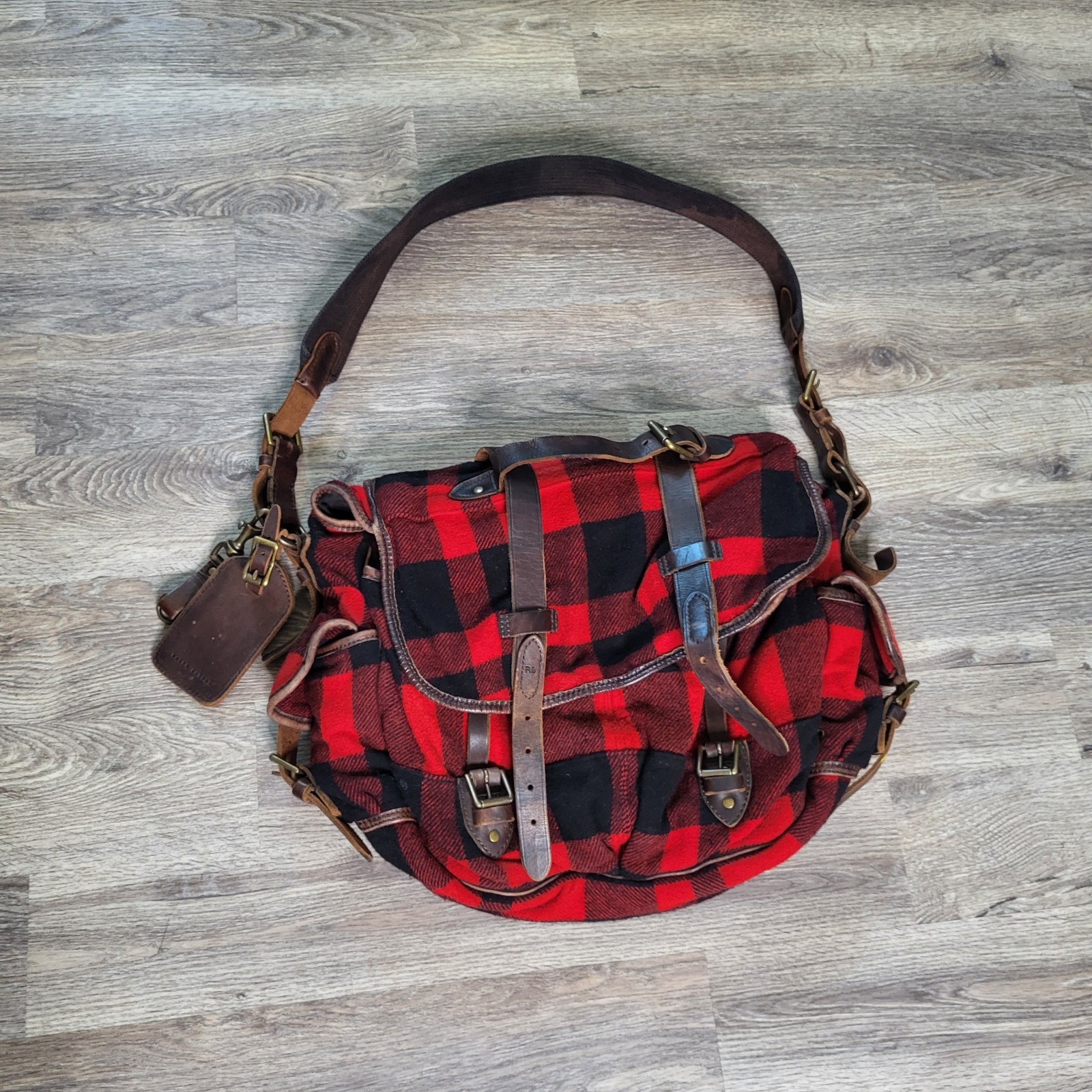 Ralph Lauren RRL Vintage Wool Leather Buffalo Plaid Bag Italy Double RL