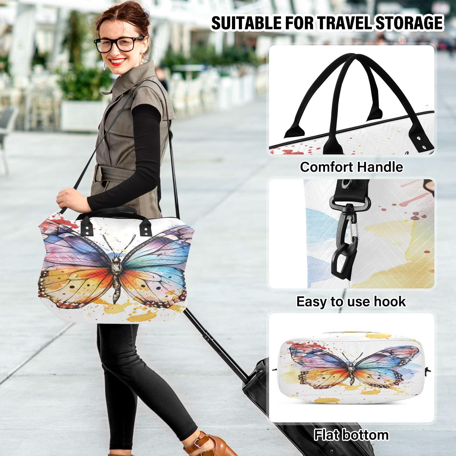 Butterfly Travel Duffle Gym Bag, Butterfly Watercolor Print Weekender for Wom…