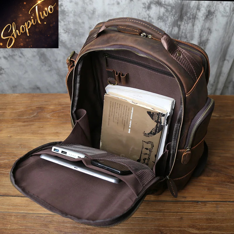 NZPJ Retro Genuine Leather Men Backpack Top Layer Cowhide Rucksack Fashion Man