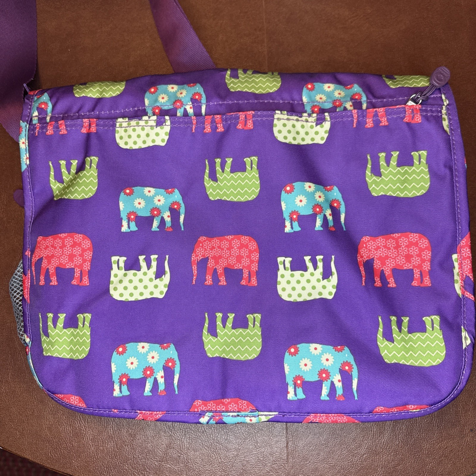J World New York Canvas Messenger Bag Purple Elephants 14.5”