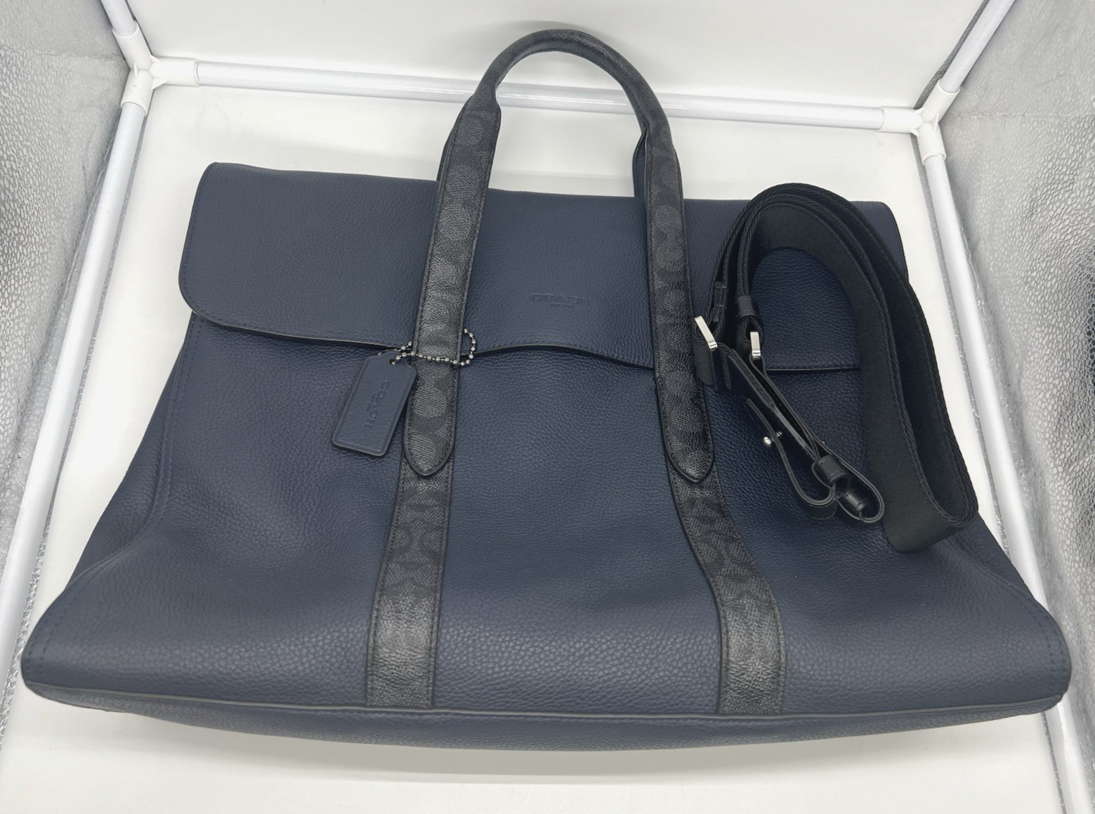 COACH Metropolitan Portfolio Navy Leather Signature Canvas Blocking Briefcase