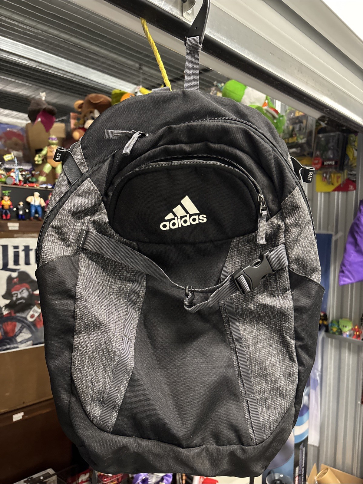 adidas Gray Black Men’s Backpack with Pockets Adjustable Strap Lined Double Bat