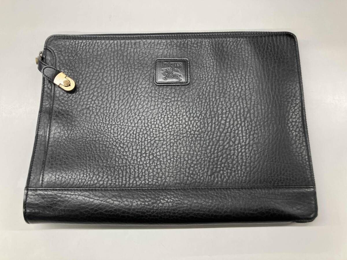 Authentic Burberrys Black Leather Second Bag 26x37cm Deterioration Damage