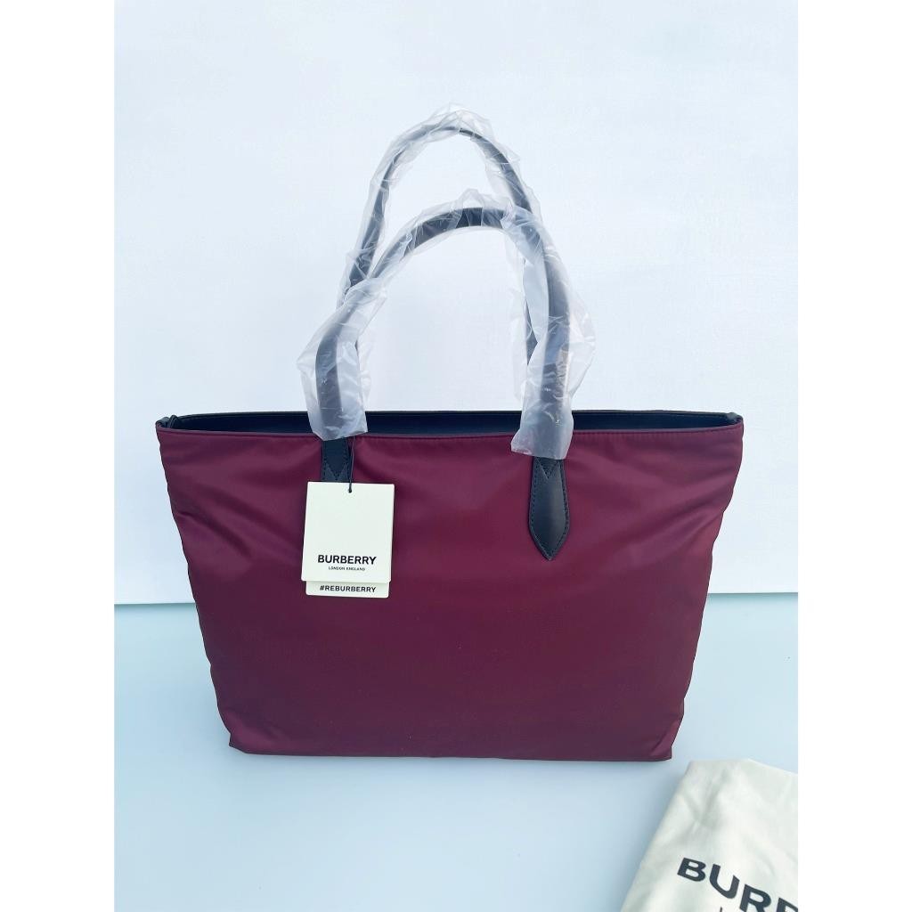 Burberry LL MD Nylon and Leather Tote Bag, in Dark Red, Made in Italy