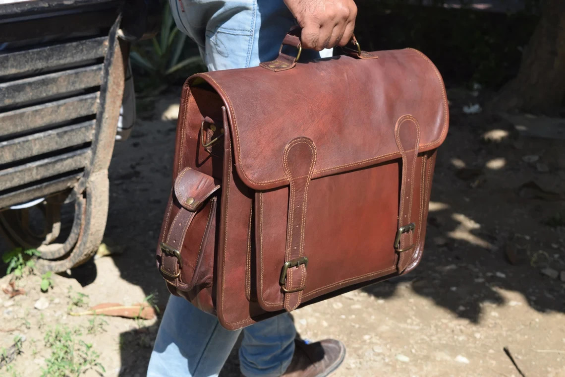 Men’s Genuine Leather Laptop Messenger Bag – Handmade Vintage Briefcase Satchel