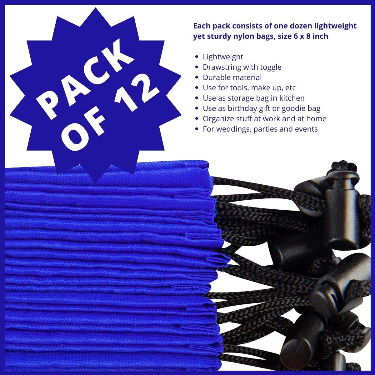 Drawstring Bag Nylon Cinch And Ditty Stuff Pouch With Toggle 6 X 8-12 Pack Blue