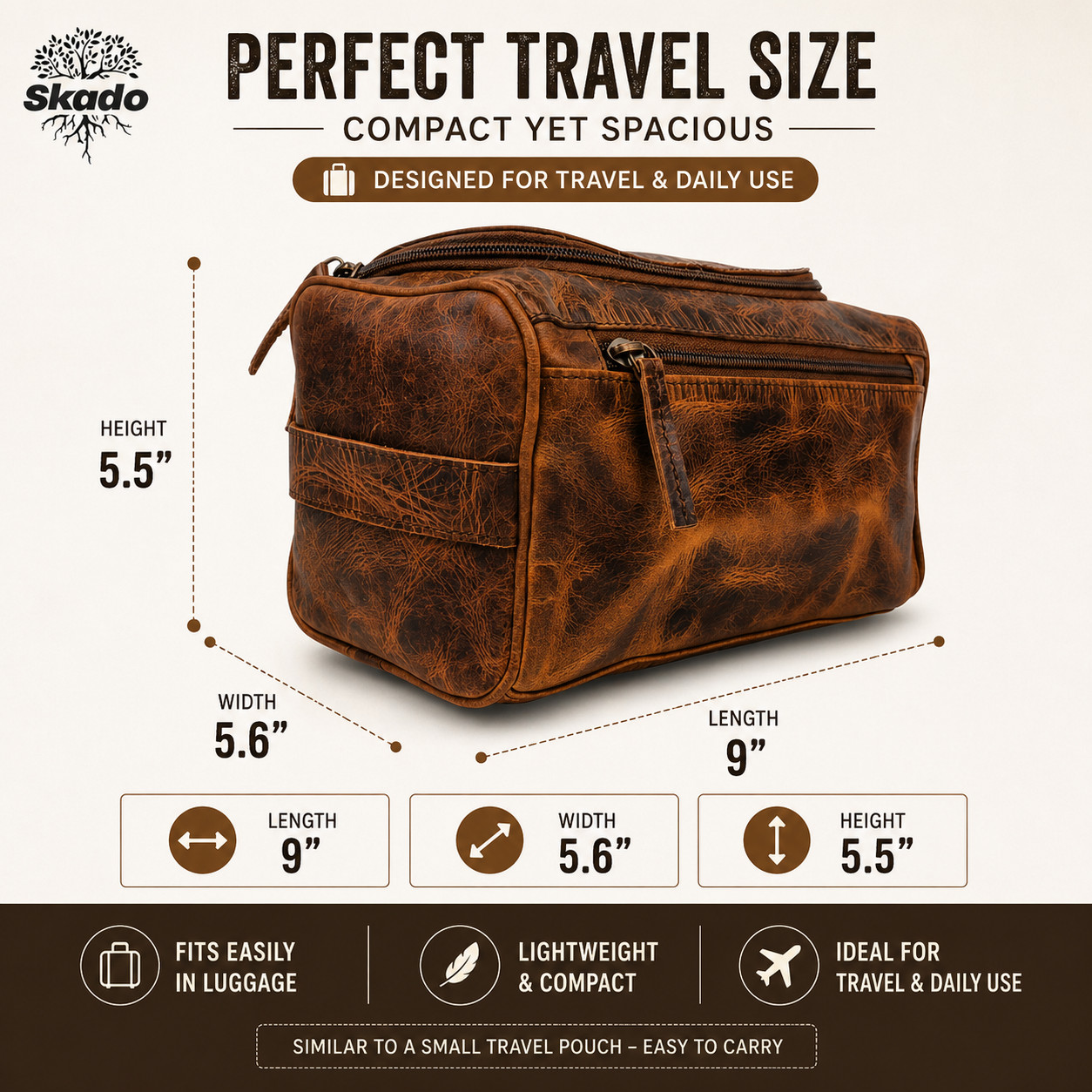 Buffalo Leather Toiletry Bag Travel Hanging Dopp Kit Shaving Makeup Case Unisex