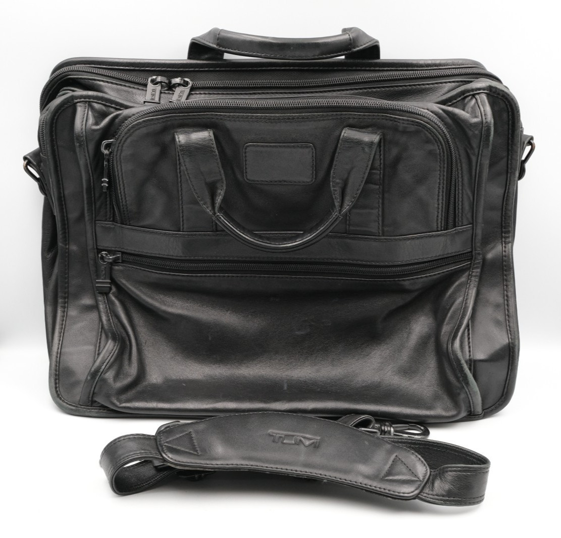 TUMI Alpha Black Leather Laptop Business Commuter Bag 9601D3