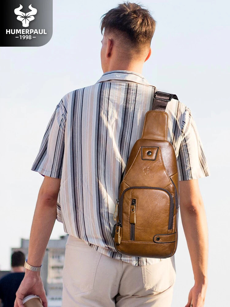 Leather Chest Bag Genuine Shoulder Crossbody Men’s Men Sling Casual Bags Retro