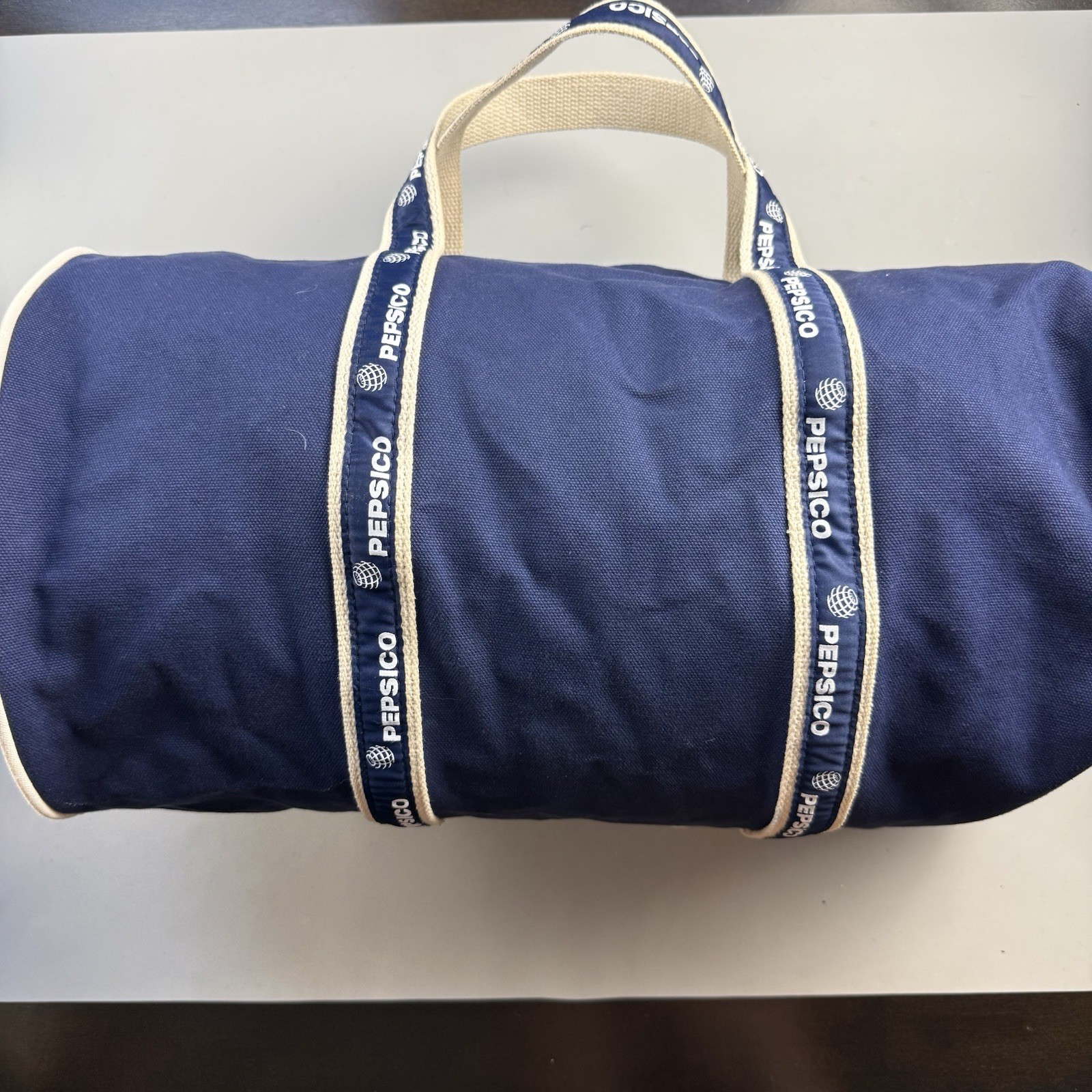 vtg 90s PepsiCo Pepsi Canvas Duffle Bag Blue White Logo Travel Gym Weekender