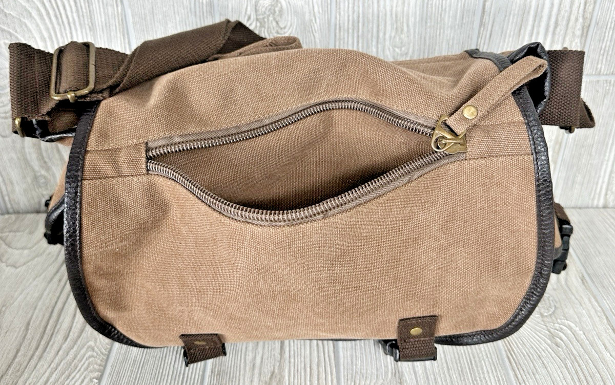 TaoMaoMao Brown Canvas Shoulder Bag Tote Brown Strap Work Travel Bag Flap Zipper