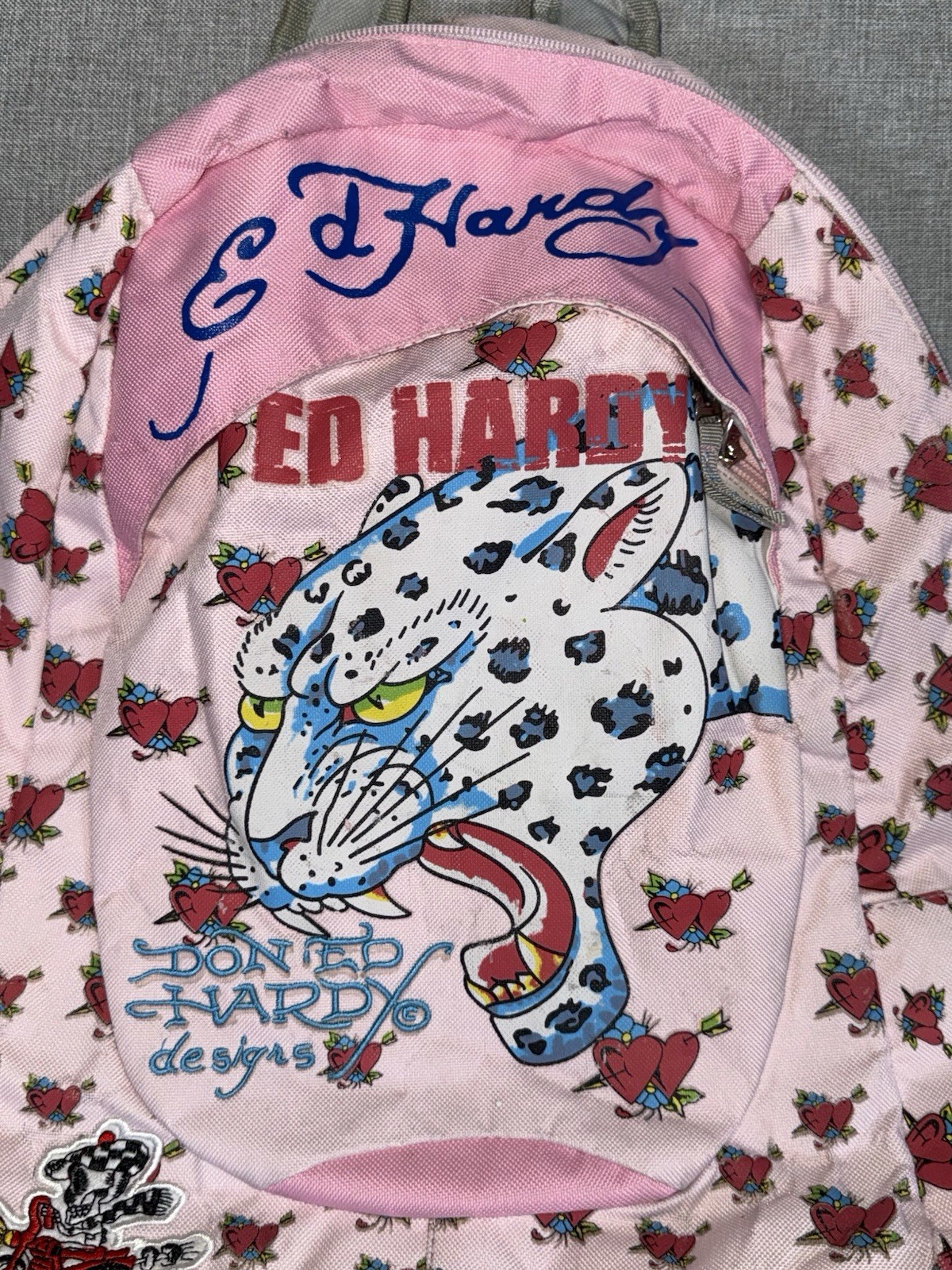 VTG Y2K Ed Hardy All Over Rose Print Leopard Embroidered Backpack Bag 17” 2000s
