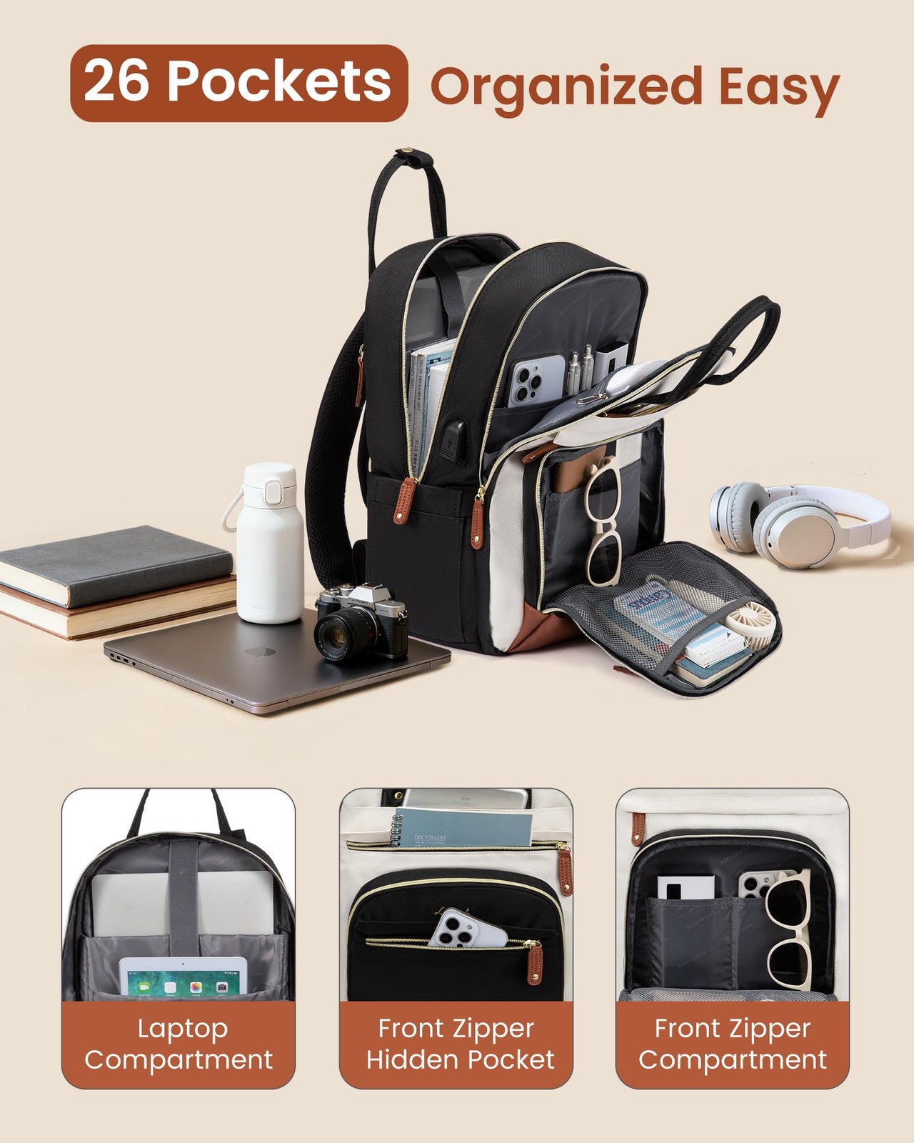 LOVEVOOK 15.6in Waterproof Laptop Backpack Women USB Bag Beige~Black~Brown