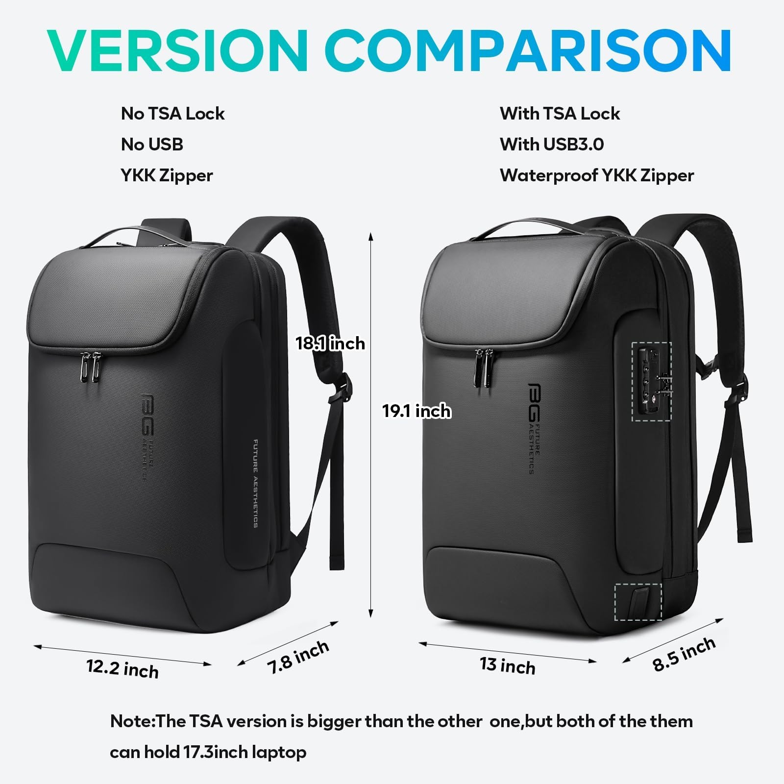 Waterproof Anti-Theft Travel Backpack, USB Charging Port, Fits 17.3″ Laptop