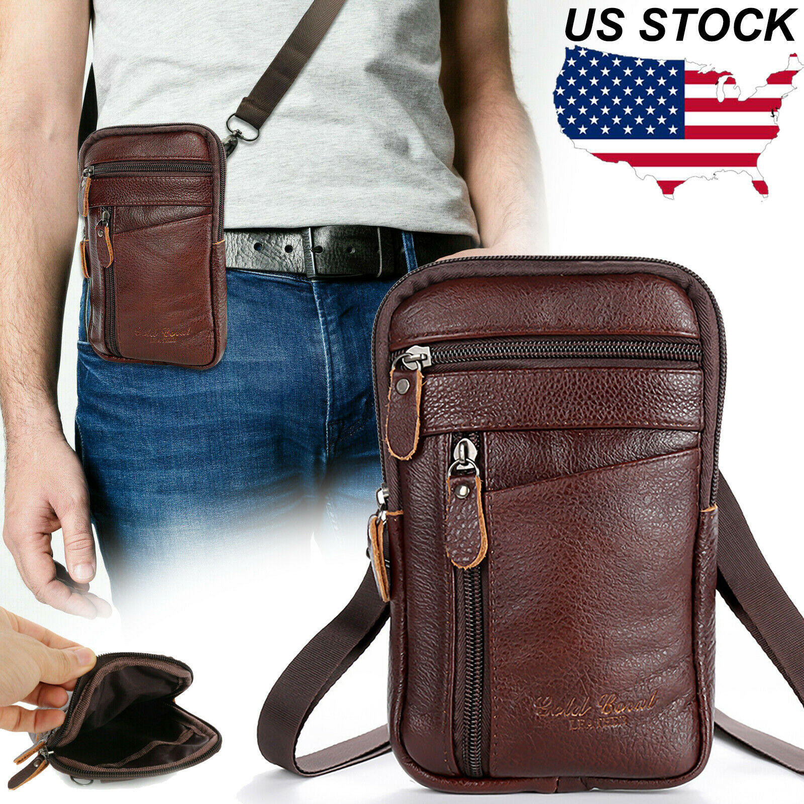 Leather Crossbody Shoulder Bags Men Belt Clip Phone Holster Case Belt Loop Pouch