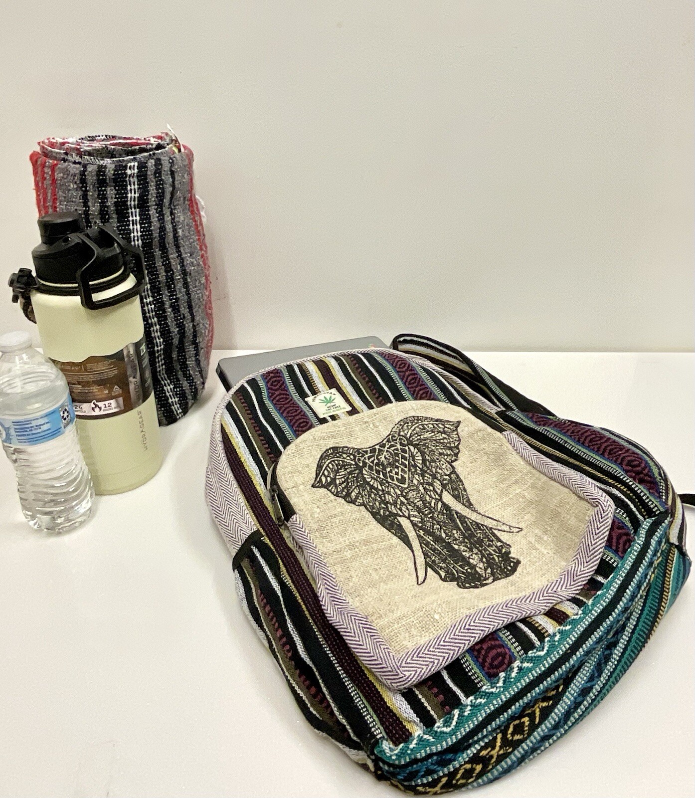 Handmade Hemp Backpack Elephant With Laptop Pocket Nepal Fair Trade Hiking Boho