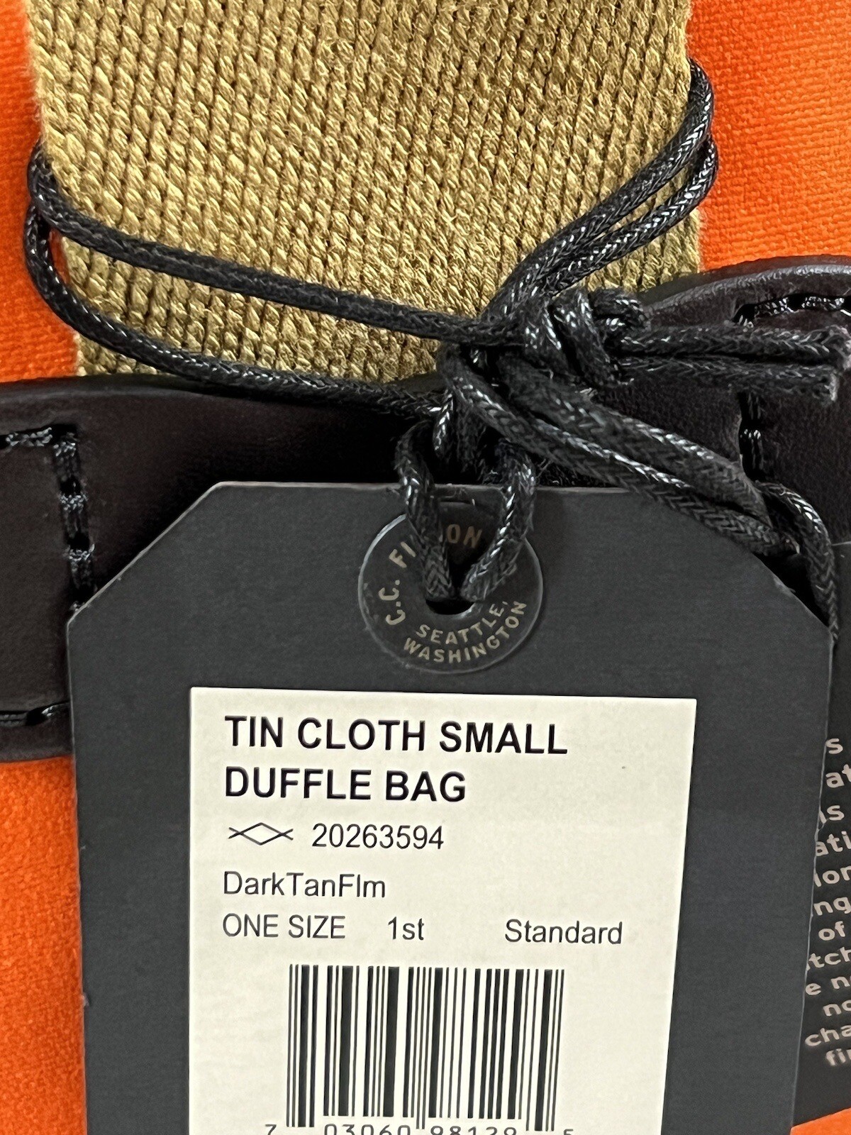 FILSON SMALL TIN CLOTH DUFFLE BAG DARK TAN/FLAME OS NWT