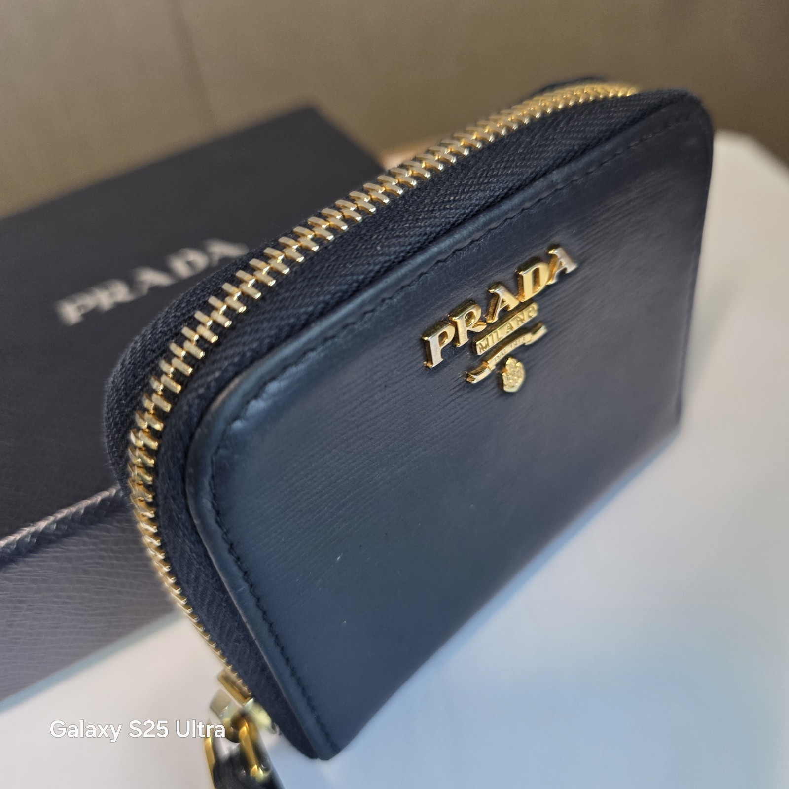Prada Vitello Move Zip Coin Purse Wallet 1MM268 Baltico Navy Gold HW Full Set