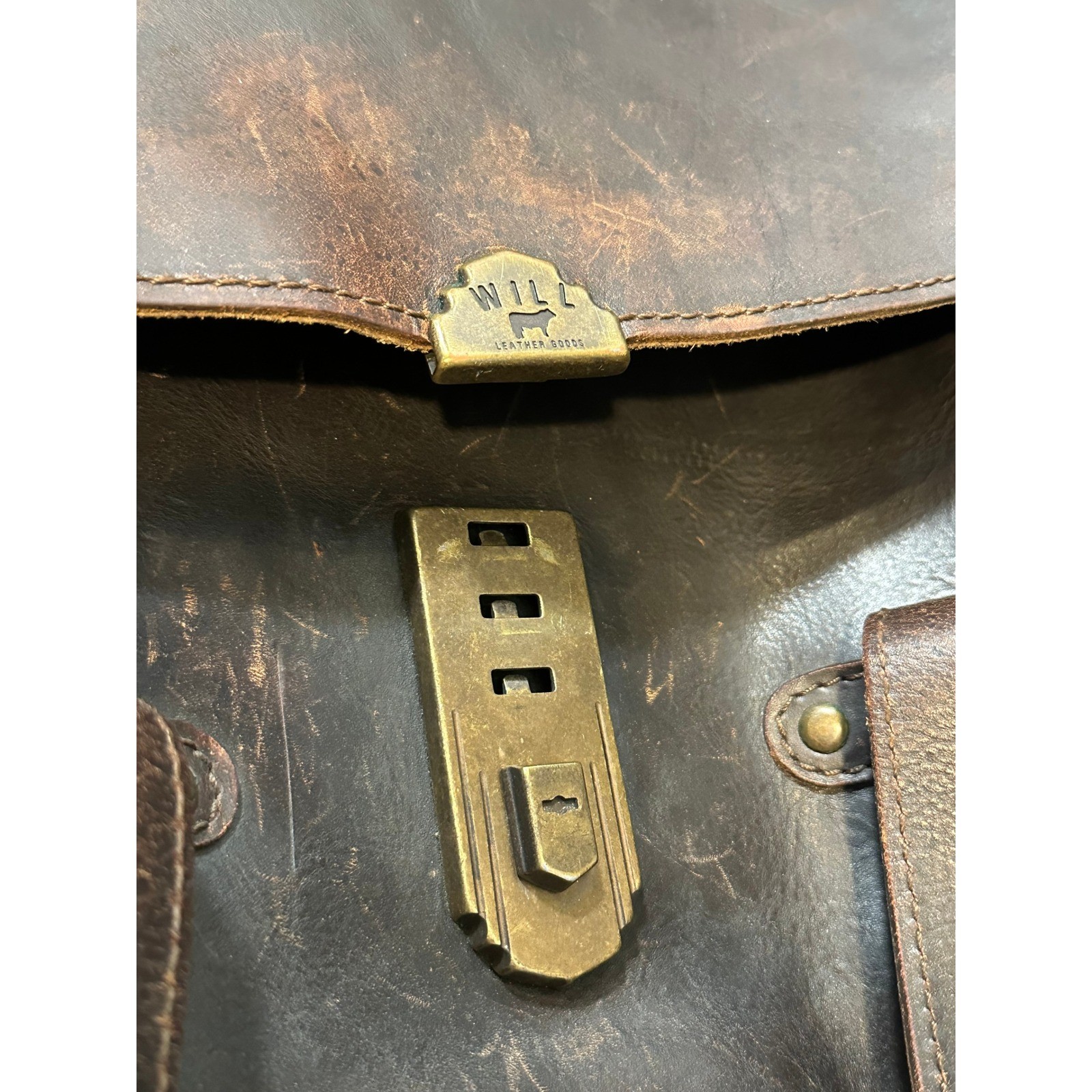 Will Leather Goods Brown Leather Messenger Bag Satchel Briefcase Brass Hardware