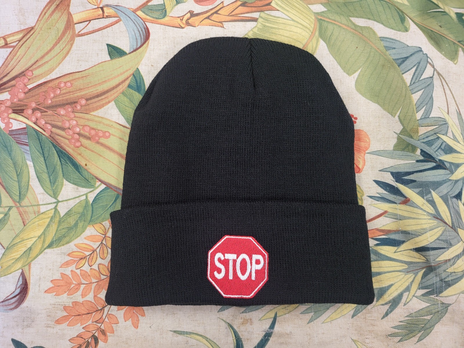 Stop sign symbol embroidered beanie hat, custom beanie hat