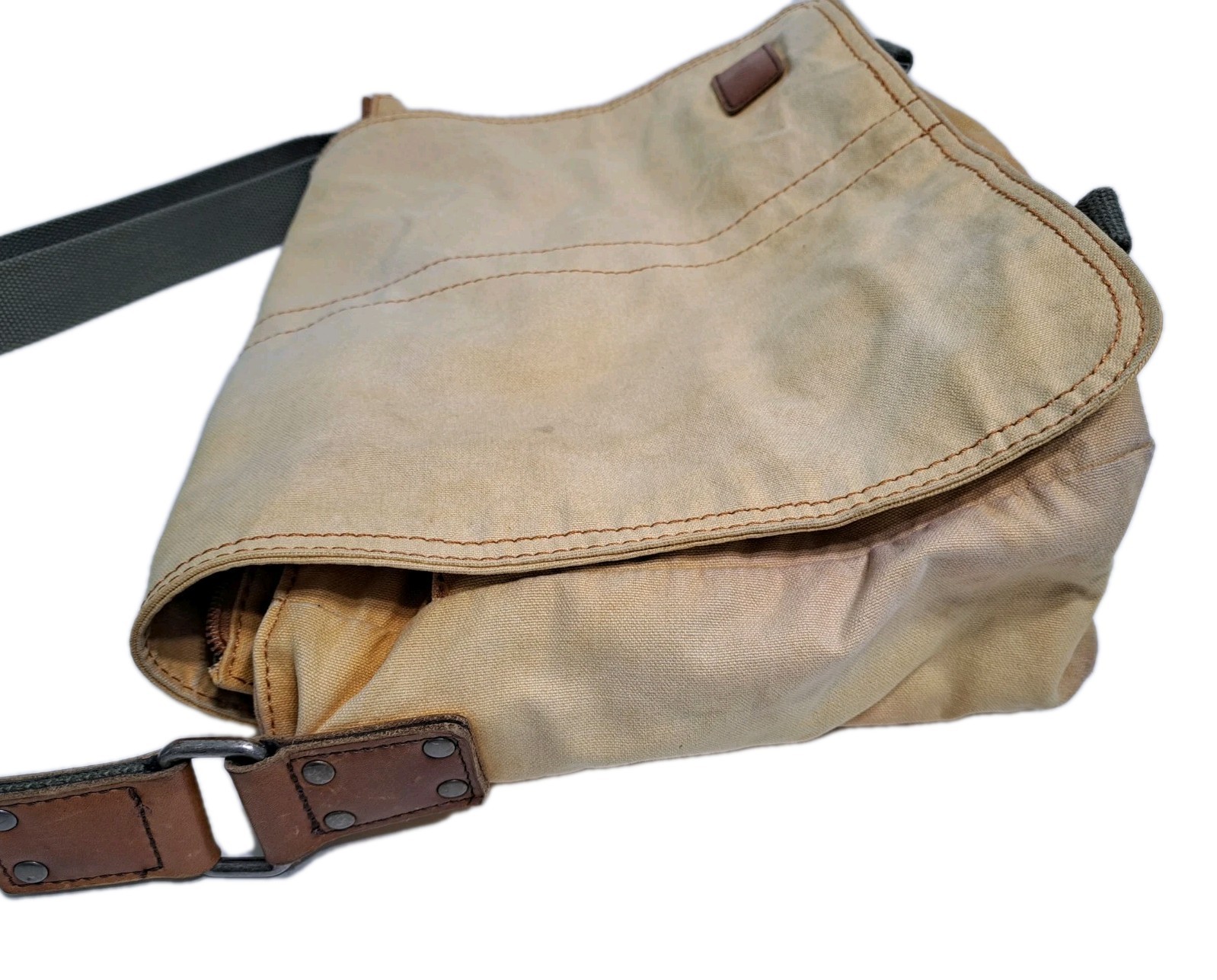 LL Bean Canvas Messenger Bag Distressed Plaid Lined Vintage Army School Travel