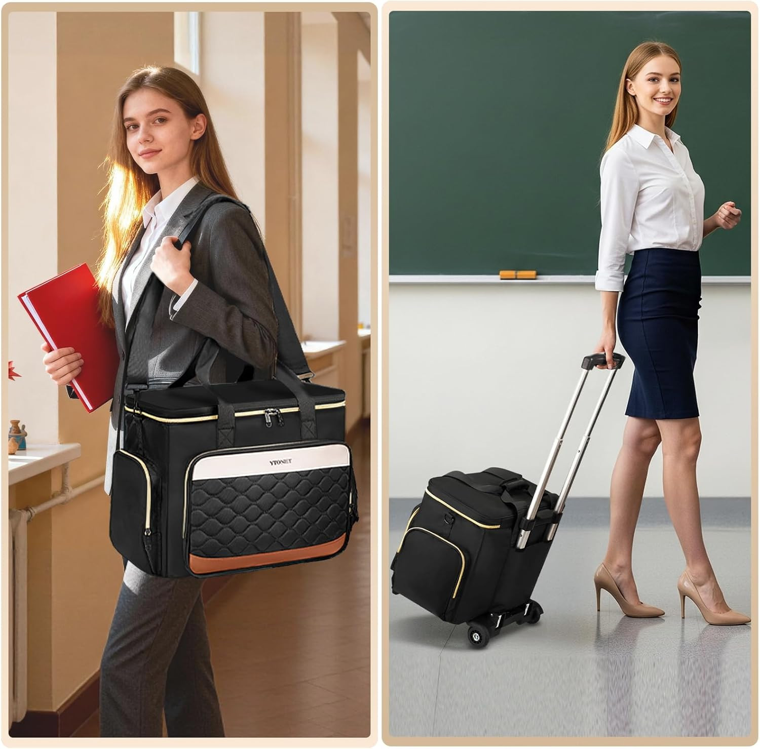 Rolling Teacher Bag with Insulated Lunch Carrier & Dolly for Easy Transport