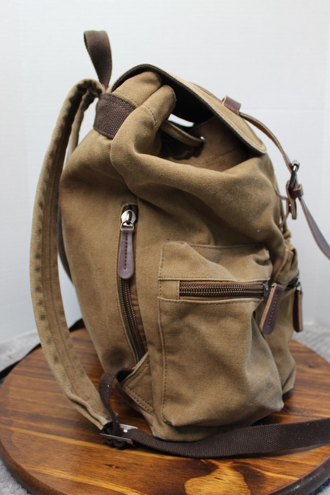 Canvas Leather Backpack Mens Medium Brown Outdoor Hiking Travel Rucksack Pockets