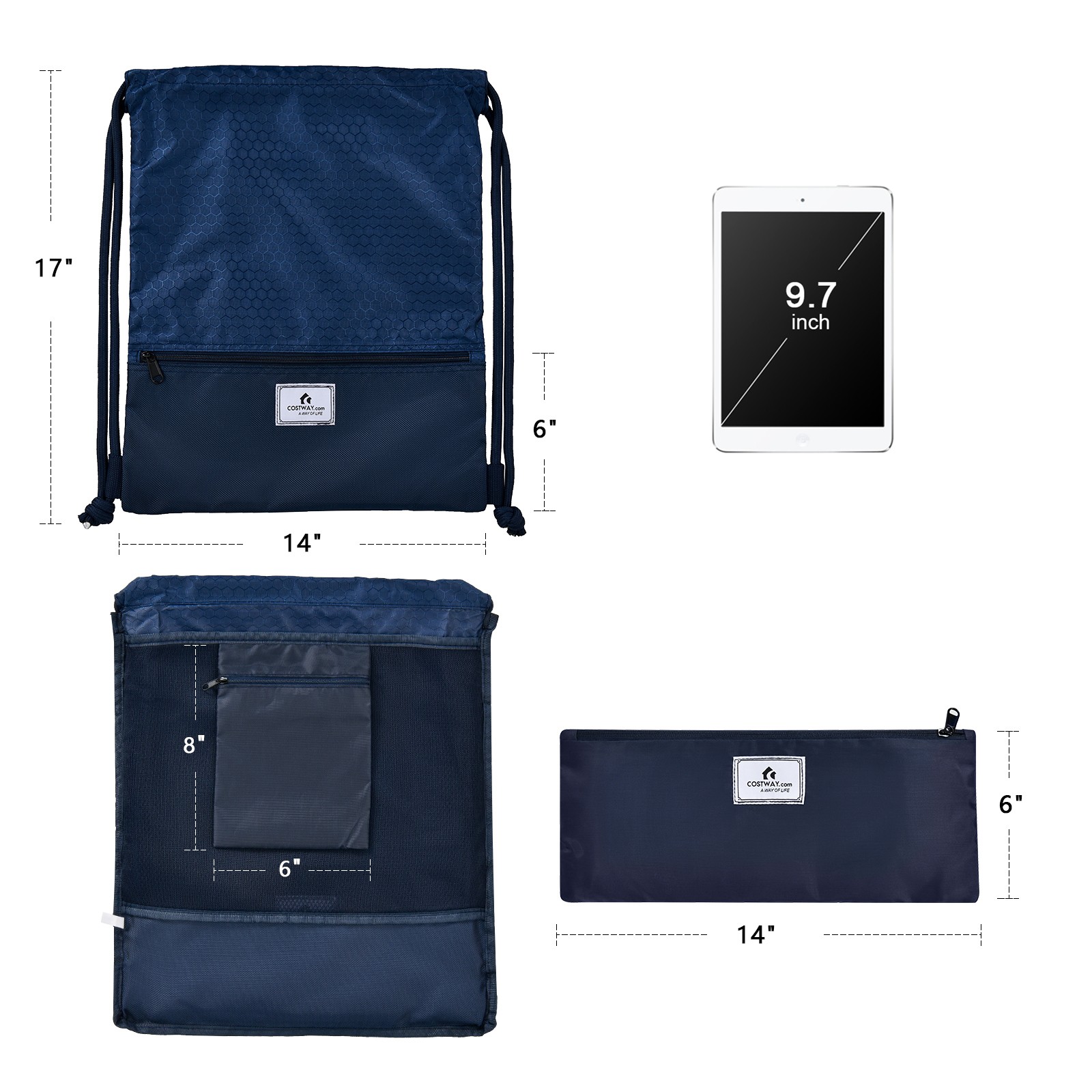 Costway Drawstring Backpack String Bag Folding Sports Sack w/Zipper Pocket Blue