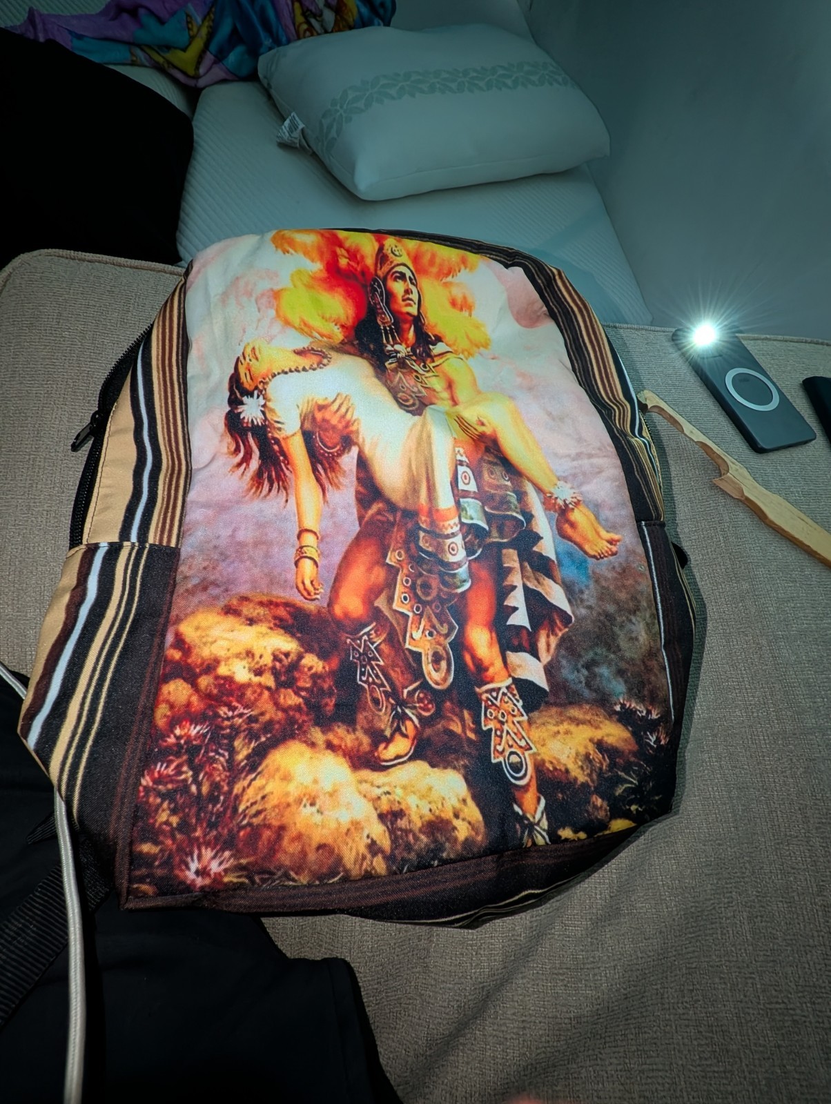 Multicolor Striped Backpack Native American Warrior Graphic Zip Large Unisex