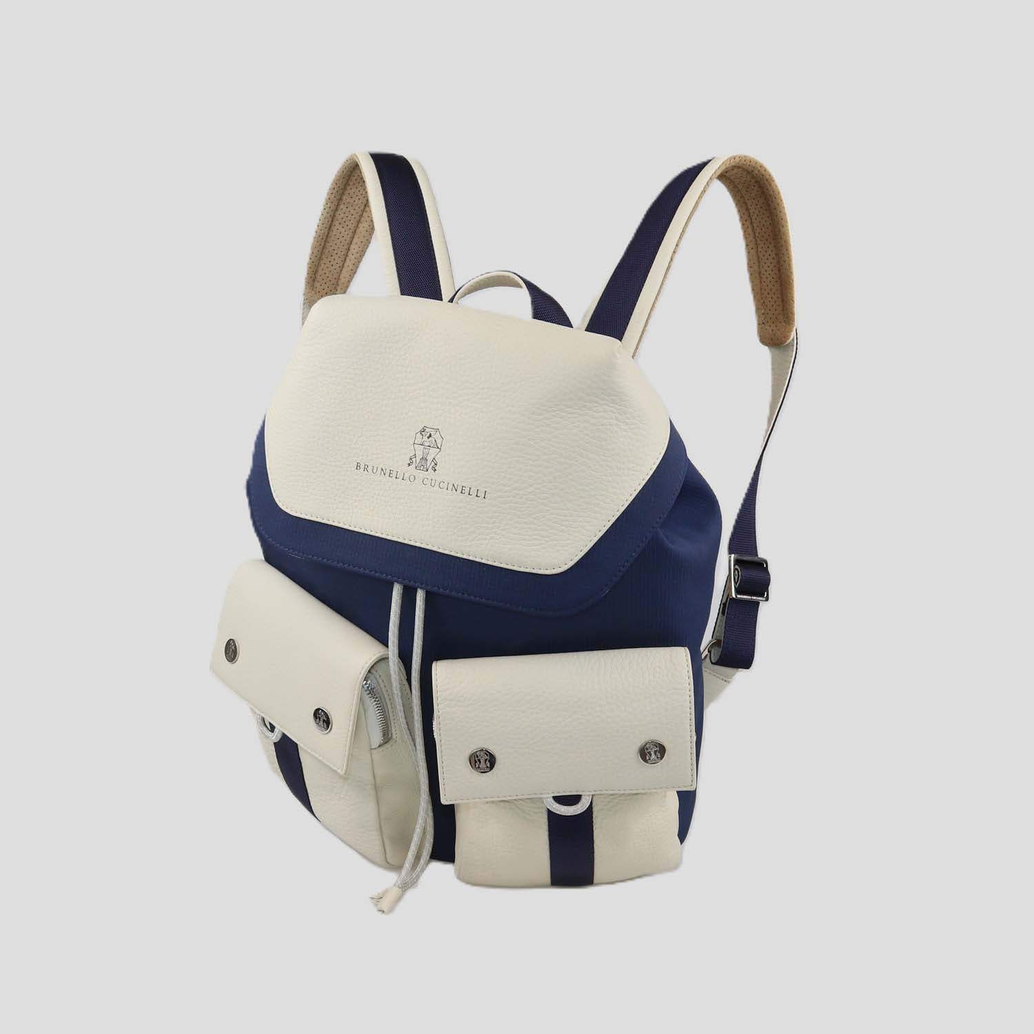 Brunello Cucinelli Kids Ivory/Blue Leather and Nylon Drawstring Backpack