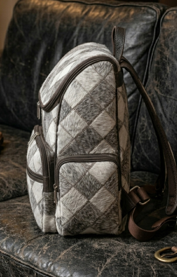 Genuine Cowhide Hair on Grey White Patch Shoulder Overnight Backpack Rucksack