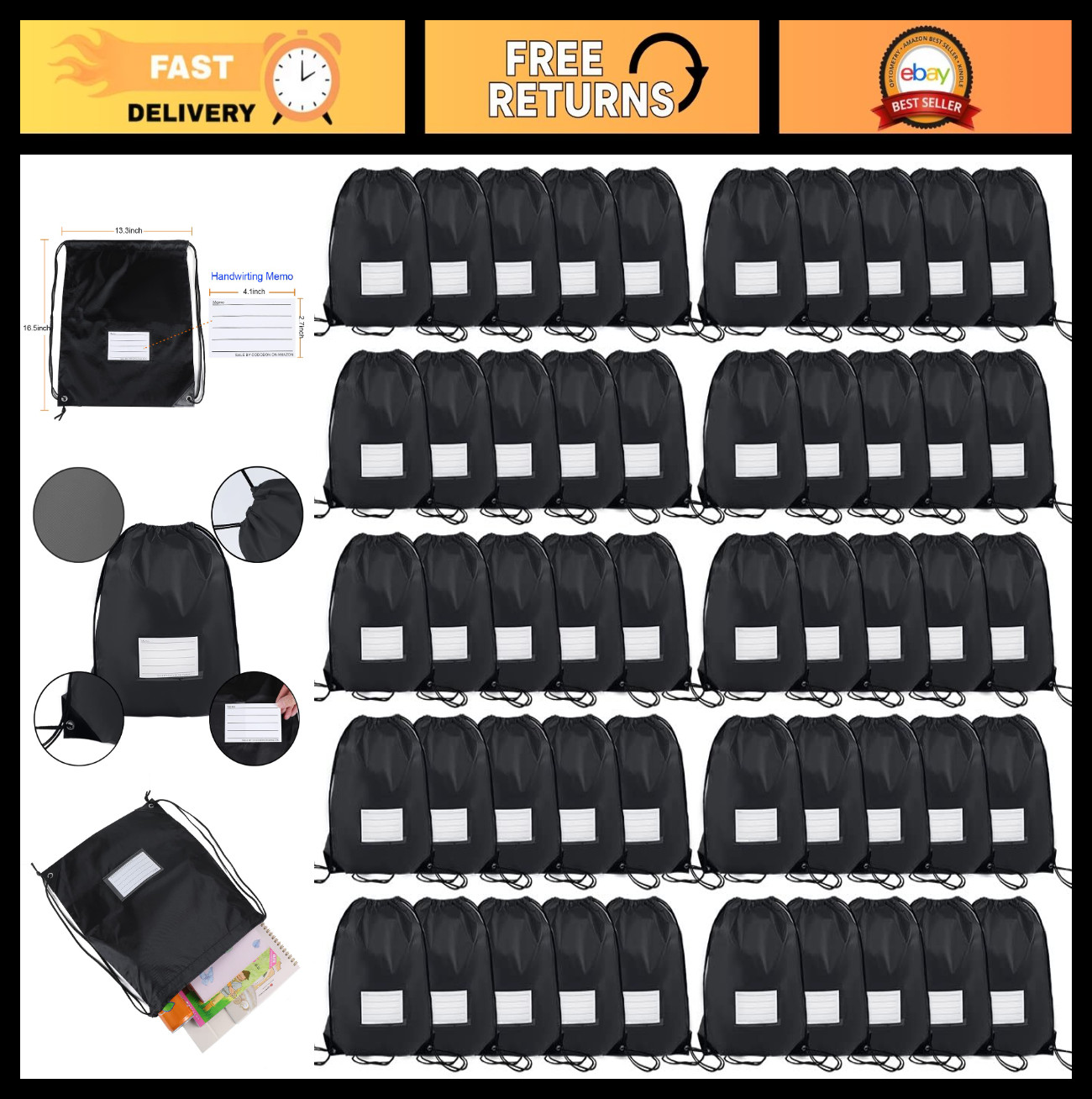 50 Pcs Drawstring Bags, Bulk Cinch Sackpacks for Travel, Gym & Sports – Black