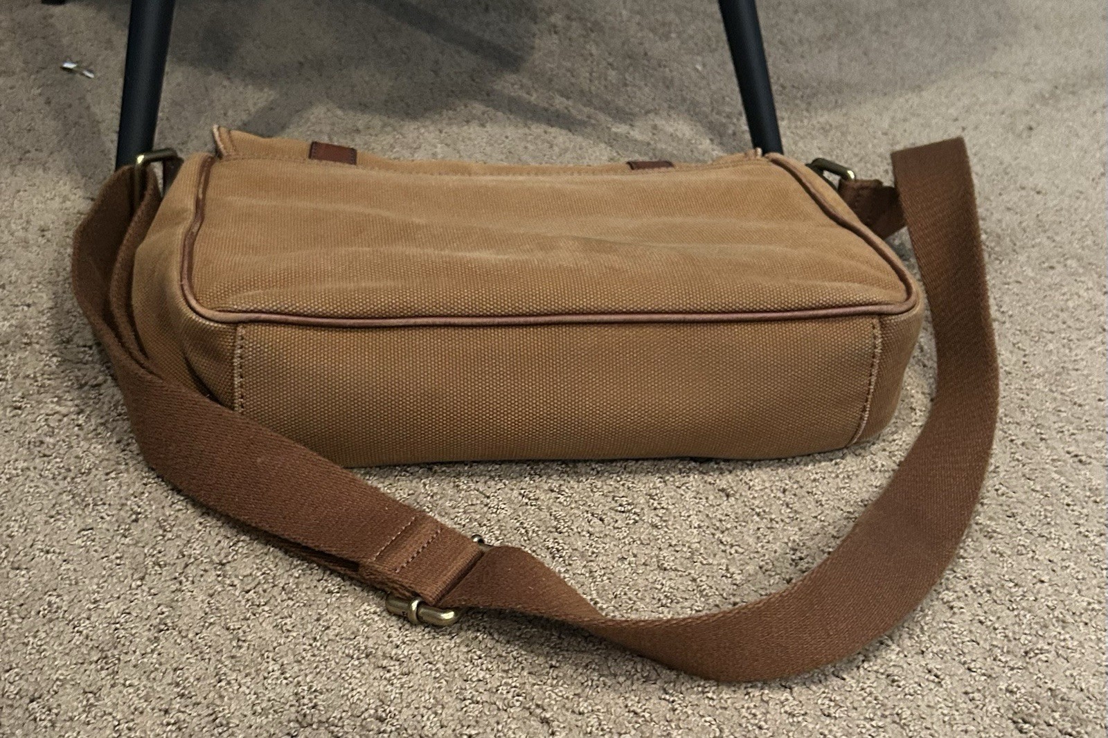 Fossil Canvas & Leather Messenger Bag In Two Tone Brown Padded Pocket Cow Hide