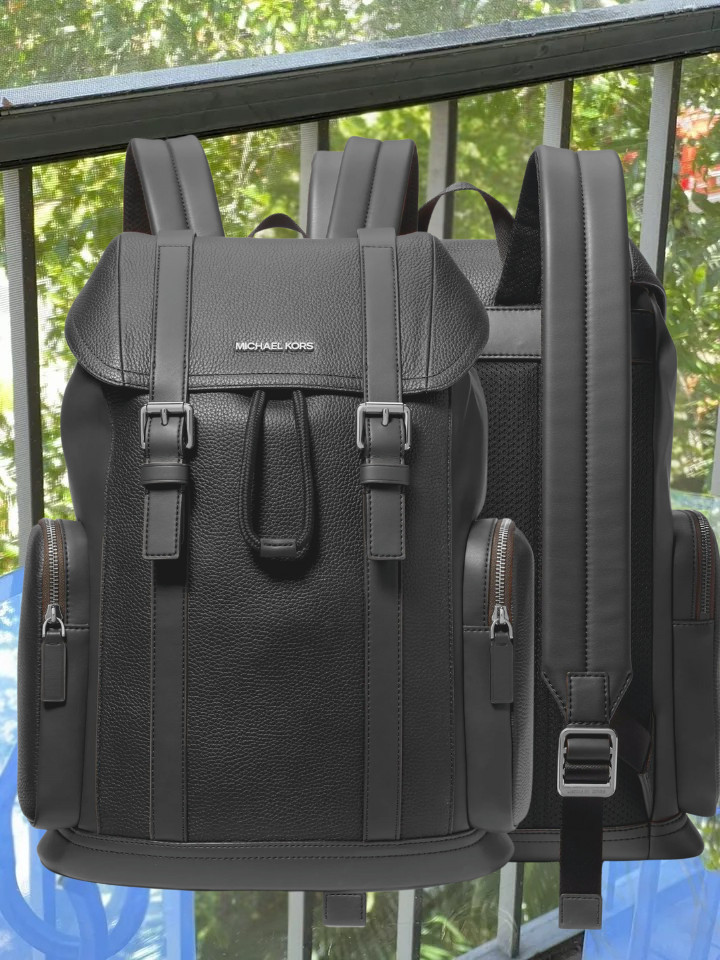Michael Kors Cooper City Men Buckle Side Pockets Leather Travel Backpack Black