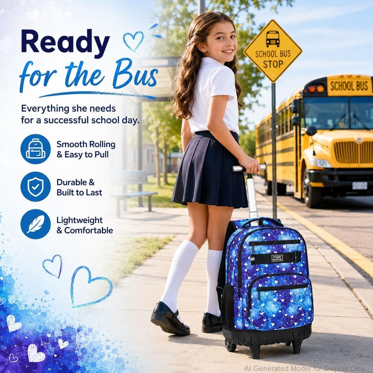 Rolling Backpack 19″ X 13″ X 8″ for Girls – 3-in-1 with Lunch Box & Pencil Bag