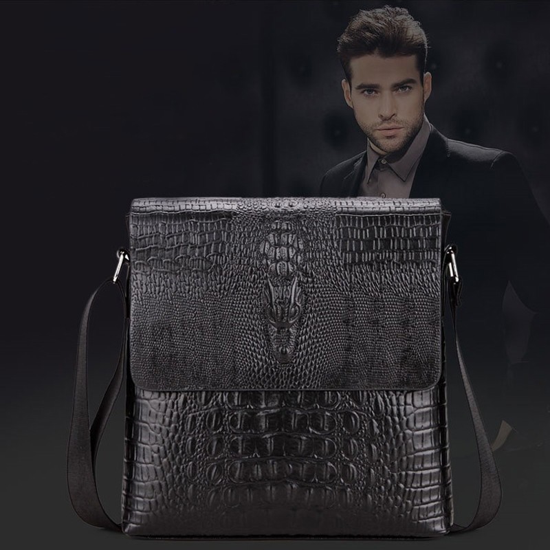 Men’s Black Crocodile Leather Crossbody Bag – 10″ Sling Shoulder Messenger Bag