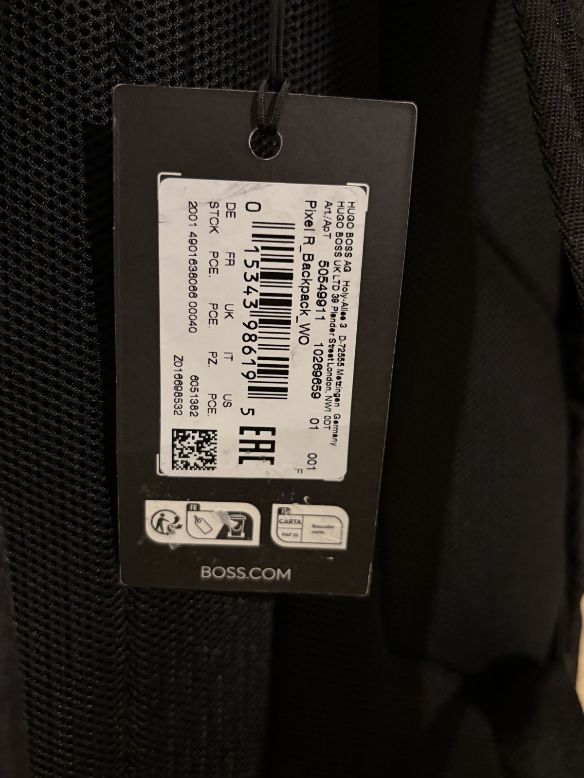 Hugo BOSS Pixel Backpack Black Ripstop Laptop Sleeve 17″ NWT Designer Urban Bag