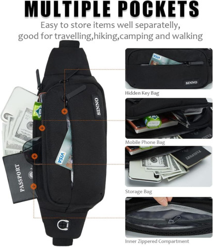SINNO Large Crossbody Fanny Pack for Women Men Belt Black(4 Zipper Pockets)
