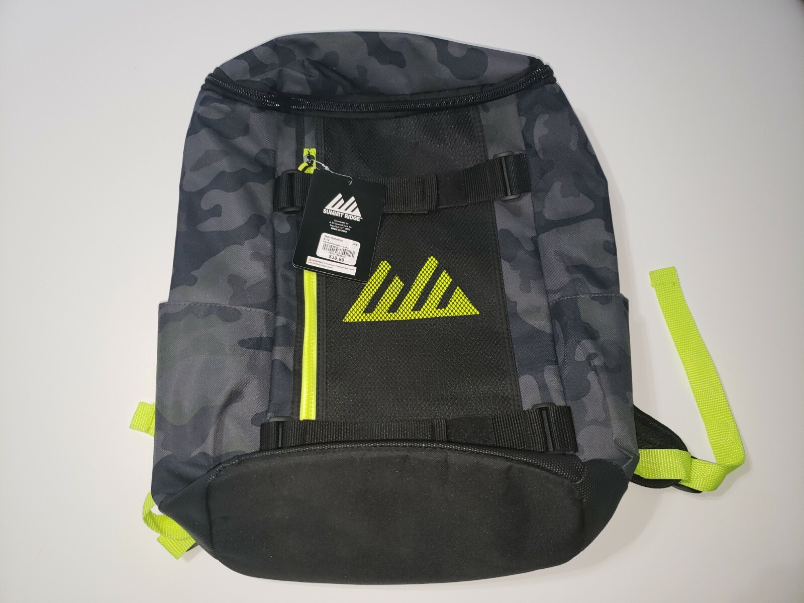 NEW W/ TAGS – SUMMIT RIDGE BLACK & GRAY CAMO / GREEN TOPLOADER BACKPACK